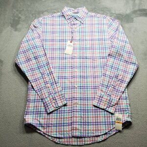 Izod Saltwater Long Sleeve Botton Down Plaid Shirt Baby Blue Teal Pink Men Sz S